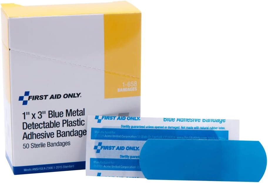 First Aid Only 1’’x3’’ Blue Metal Detectable Plastic Bandages 50 Per Box