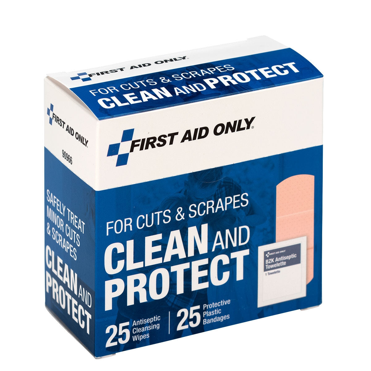 First Aid Only Clean and Protect for Cuts & Scrapes with 25 BZK Antiseptic Wipes Protective Plastic Bandages 1’’ x 3’’