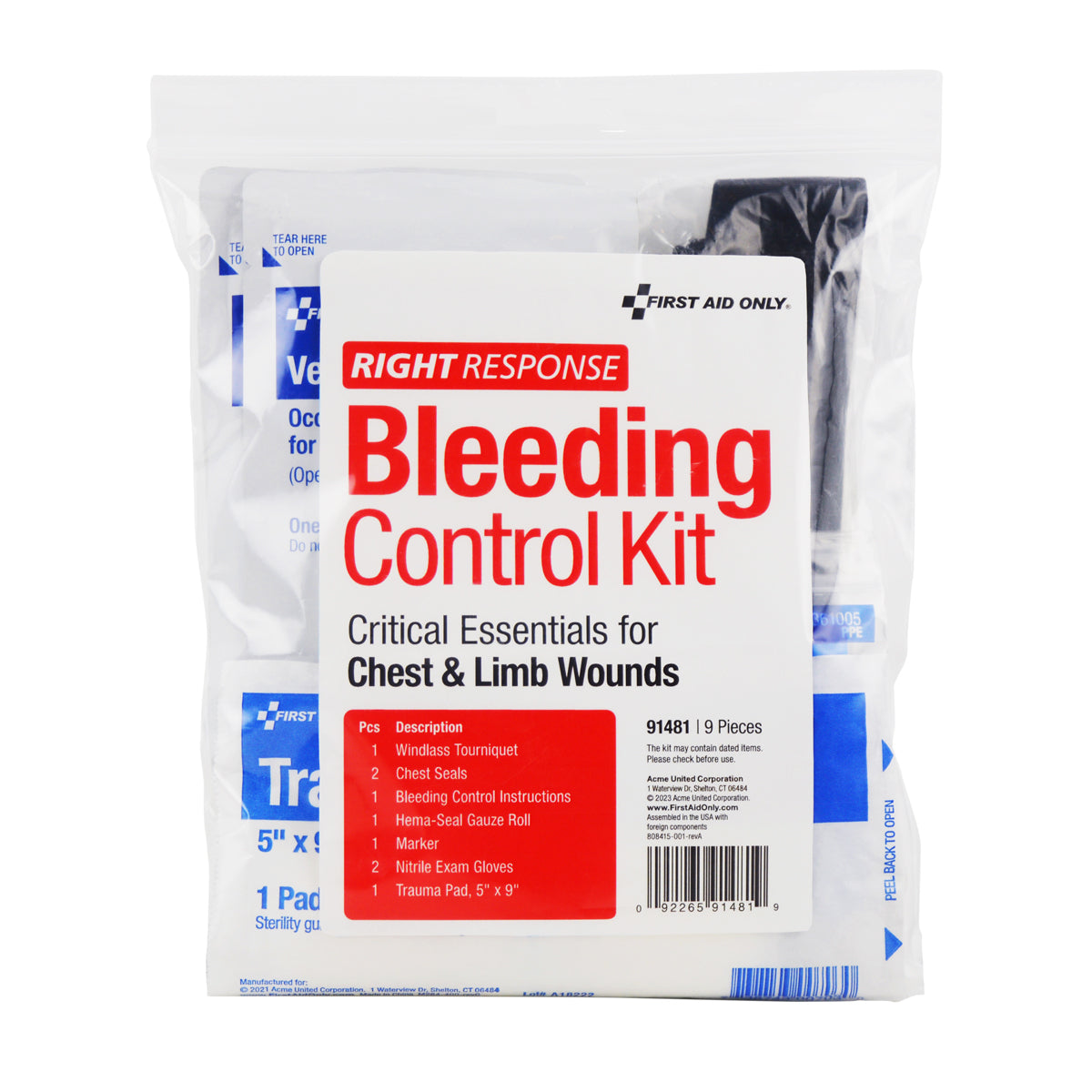 First Aid Only Critical Essentials Bleeding Control Kit for Limb & Chest Wounds