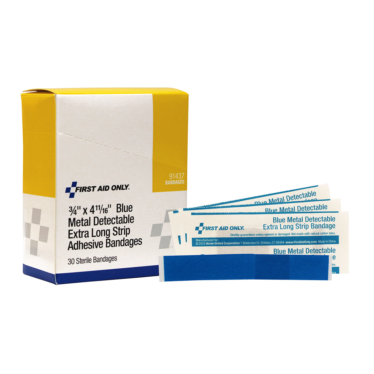 First Aid Only Extra Long Strip Blue Metal Detectable Adhesive Fabric Bandages 30 per Box