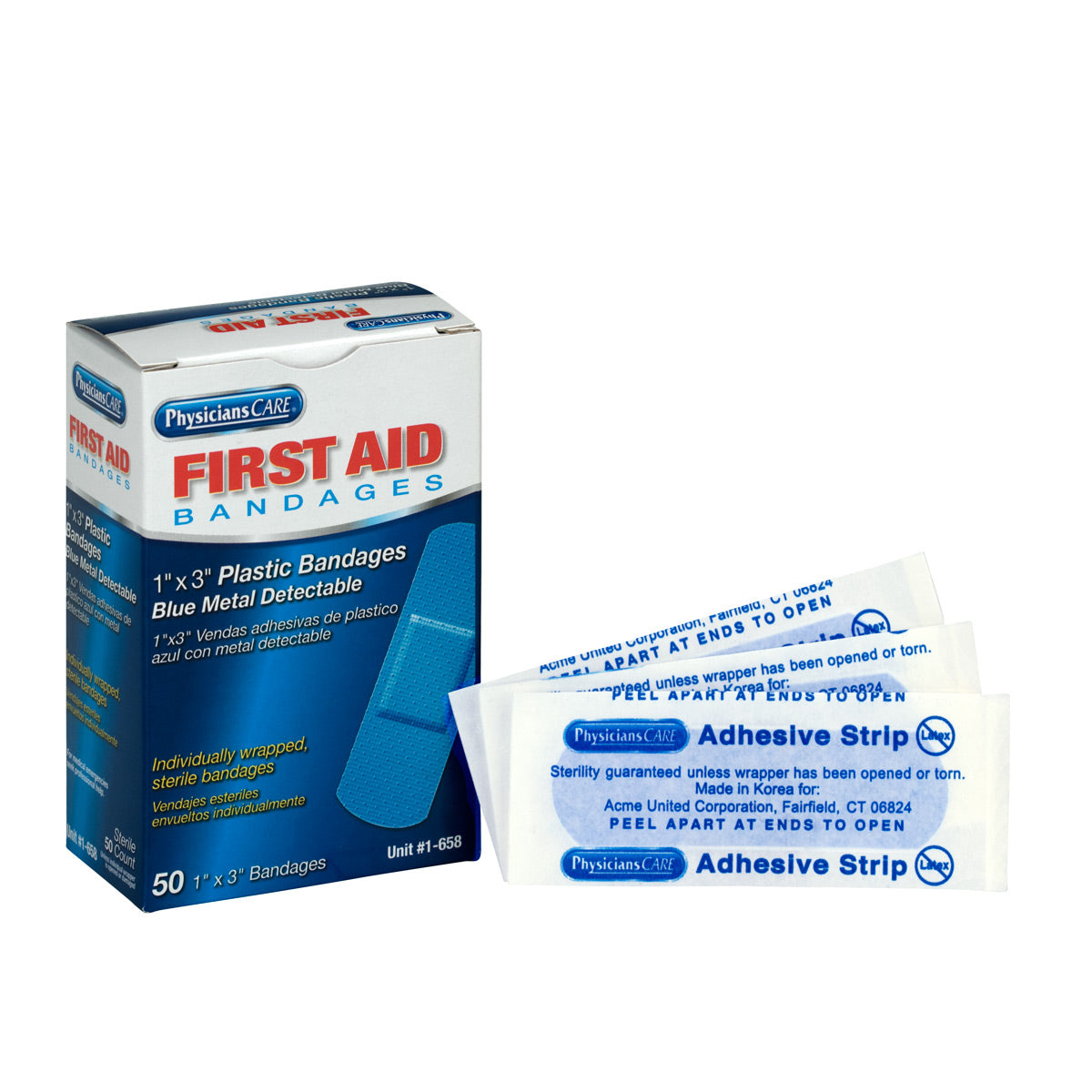 First Aid Only 1’’x3’’ Blue Metal Detectable Plastic Bandages 50 Per Box