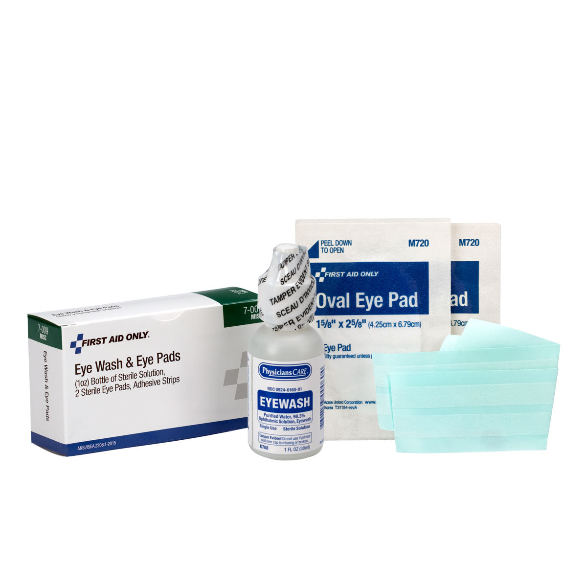 First Aid Only 1 oz. Eyewash Eye pads & Adhesive Strips set/box a 3 Piece Set