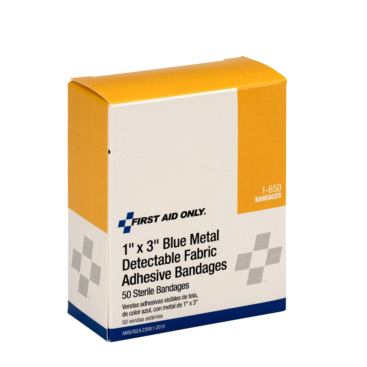 First Aid Only 1’’x3’’ Blue Metal Detectable Fabric Bandages 50 Per Box