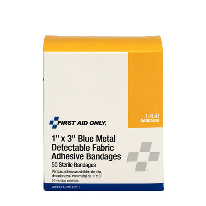 First Aid Only 1’’x3’’ Blue Metal Detectable Fabric Bandages 50 Per Box