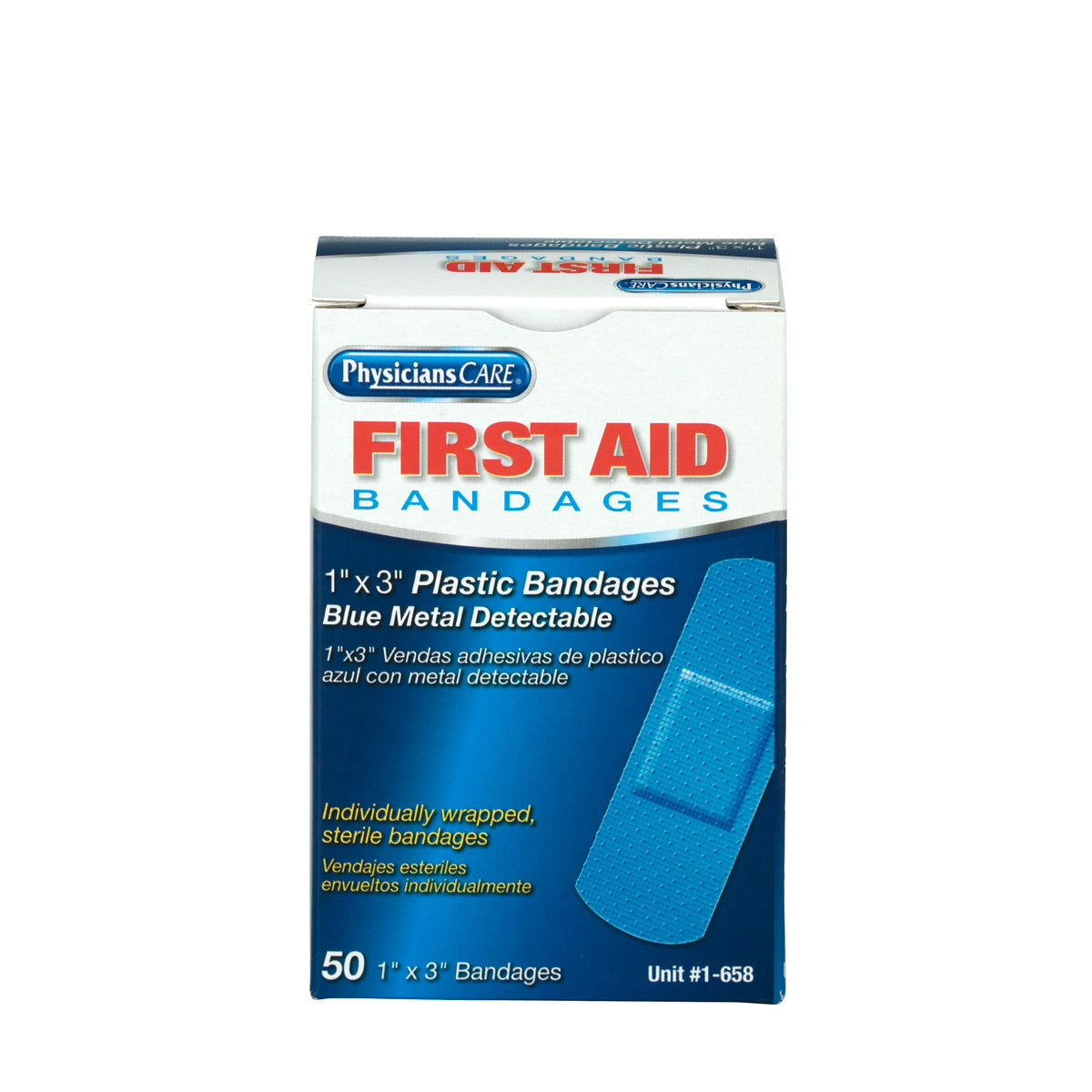 First Aid Only 1’’x3’’ Blue Metal Detectable Plastic Bandages 50 Per Box