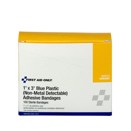 First Aid Only 1’’x3’’ Plastic Bandages Blue 100 per Box