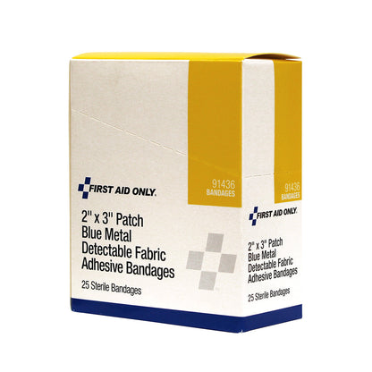First Aid Only 2’’ x 3’’ Patch Blue Metal Detectable Adhesive Fabric Bandages 25 per Box