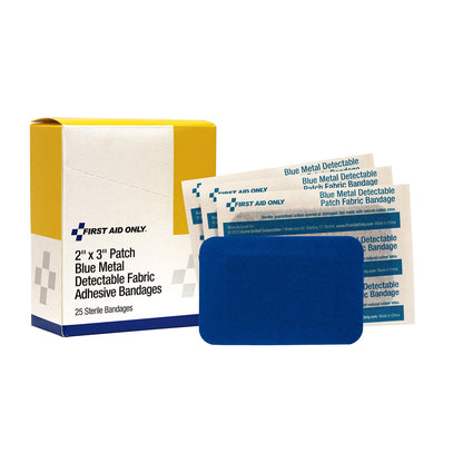 First Aid Only 2’’ x 3’’ Patch Blue Metal Detectable Adhesive Fabric Bandages 25 per Box