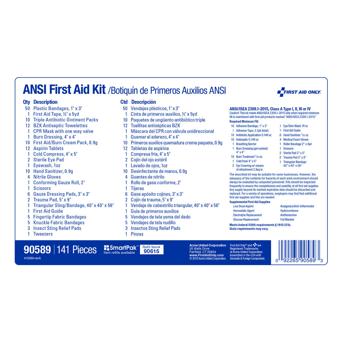 First Aid Only 25 Person Bulk Plastic Kit ANSI A + Type I & II