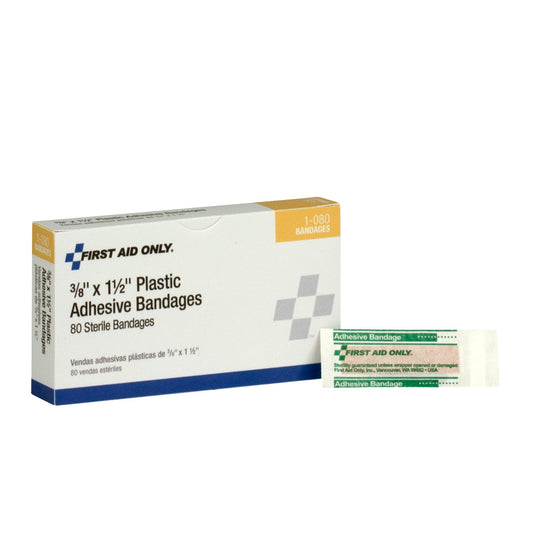 First Aid Only 3/8’’ x 1.5’’ Plastic Bandages 80 Per Box