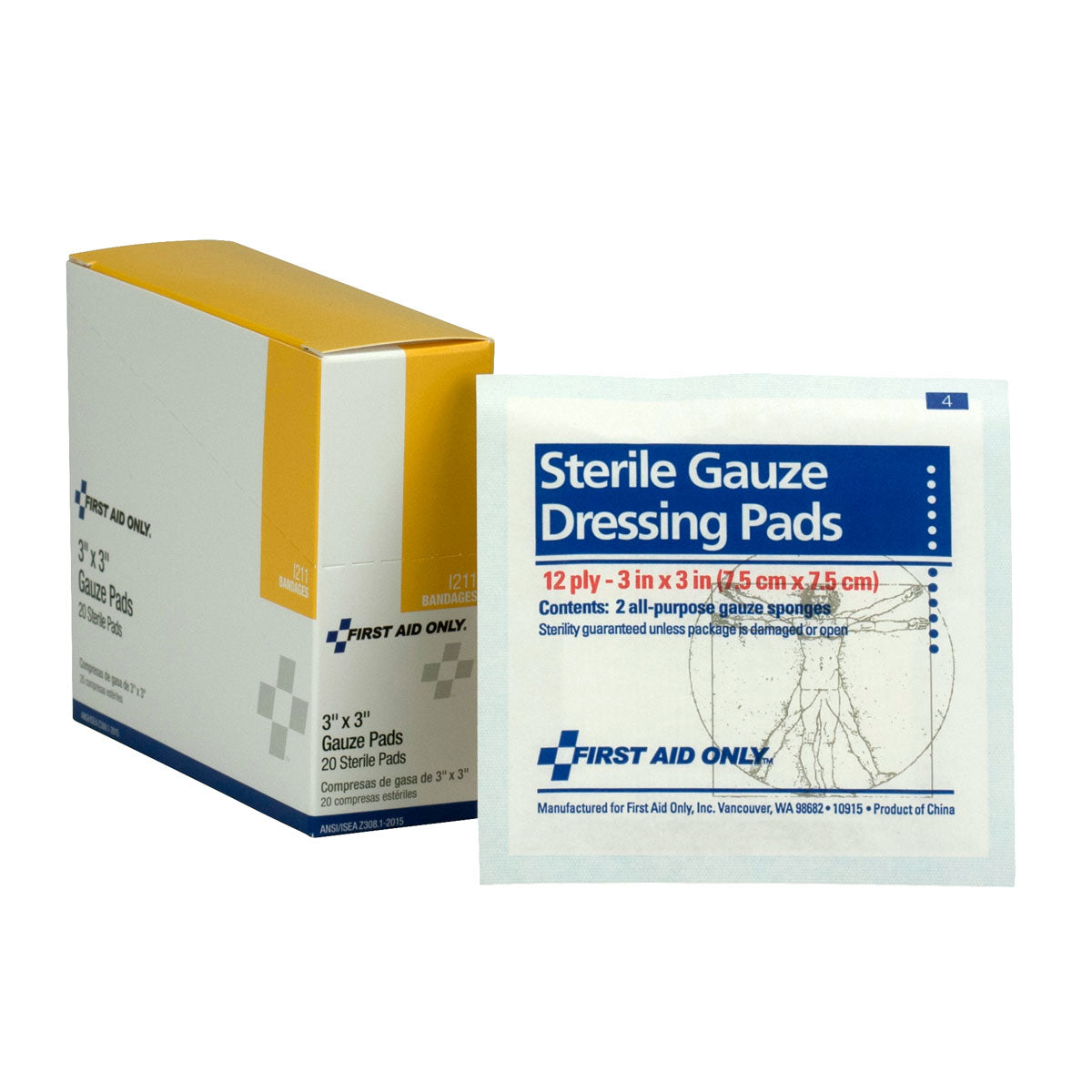 First Aid Only 3’’x3’’ Sterile Gauze Pads 20 per Box