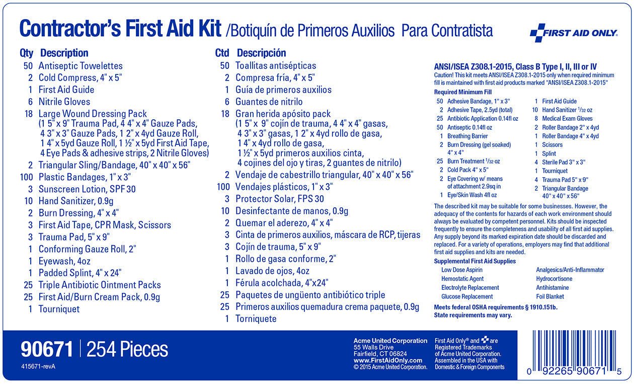 Contractor ANSI Class B First Aid Kit for 50 People, 254 Pieces, Metal Case