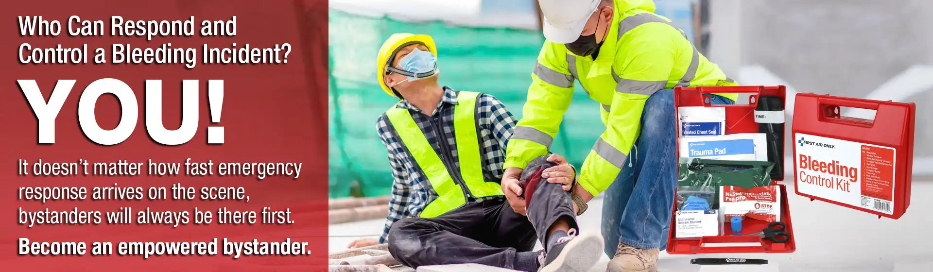 Emergency response training poster showing first aid assistance being provided while wearing high-visibility safety gear.