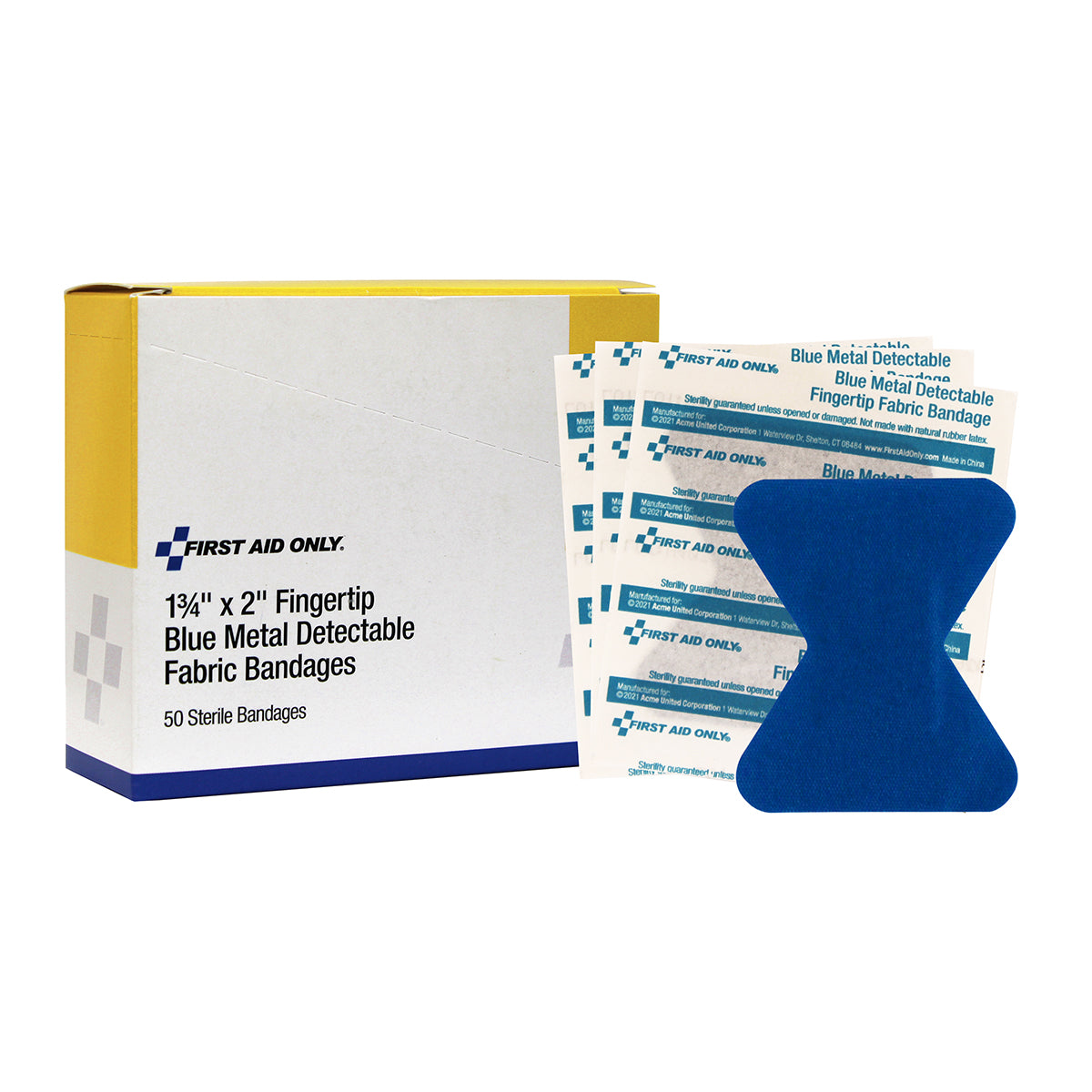 First Aid Only Fingertip Blue Metal Detectable Adhesive Fabric Bandages 50 per Box