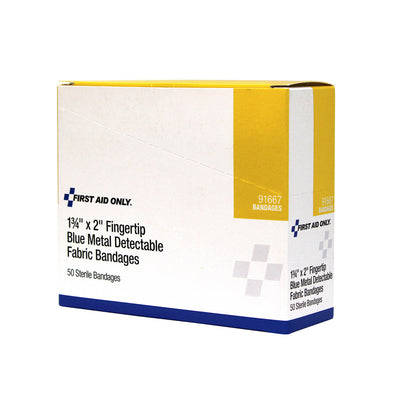 First Aid Only Fingertip Blue Metal Detectable Adhesive Fabric Bandages 50 per Box