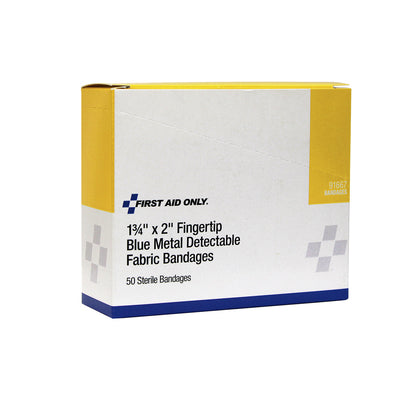 First Aid Only Fingertip Blue Metal Detectable Adhesive Fabric Bandages 50 per Box