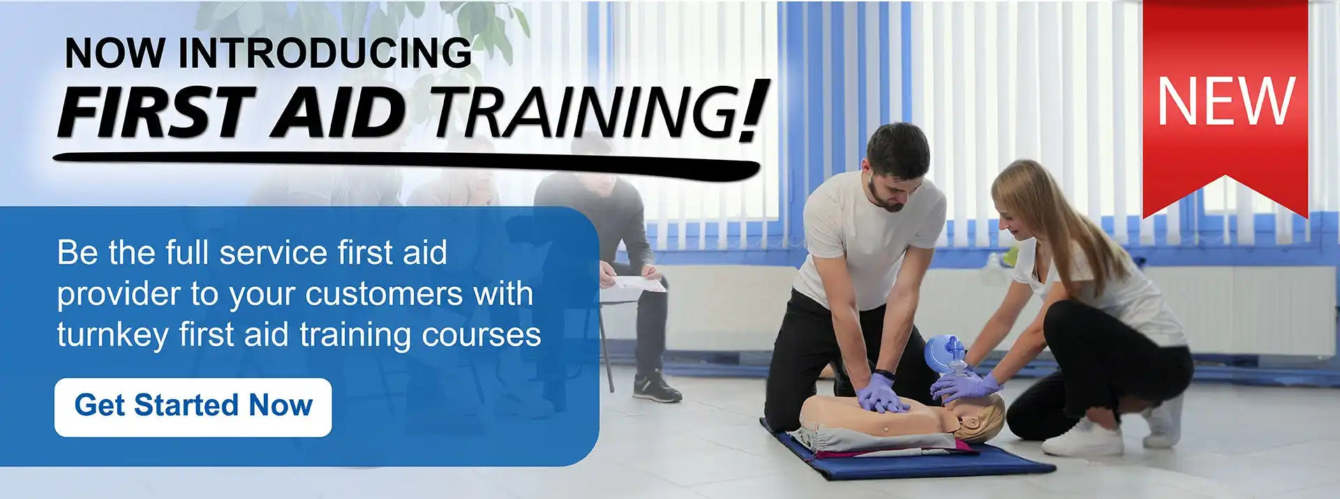 A promotional banner advertising first aid training courses with people practicing emergency response techniques.