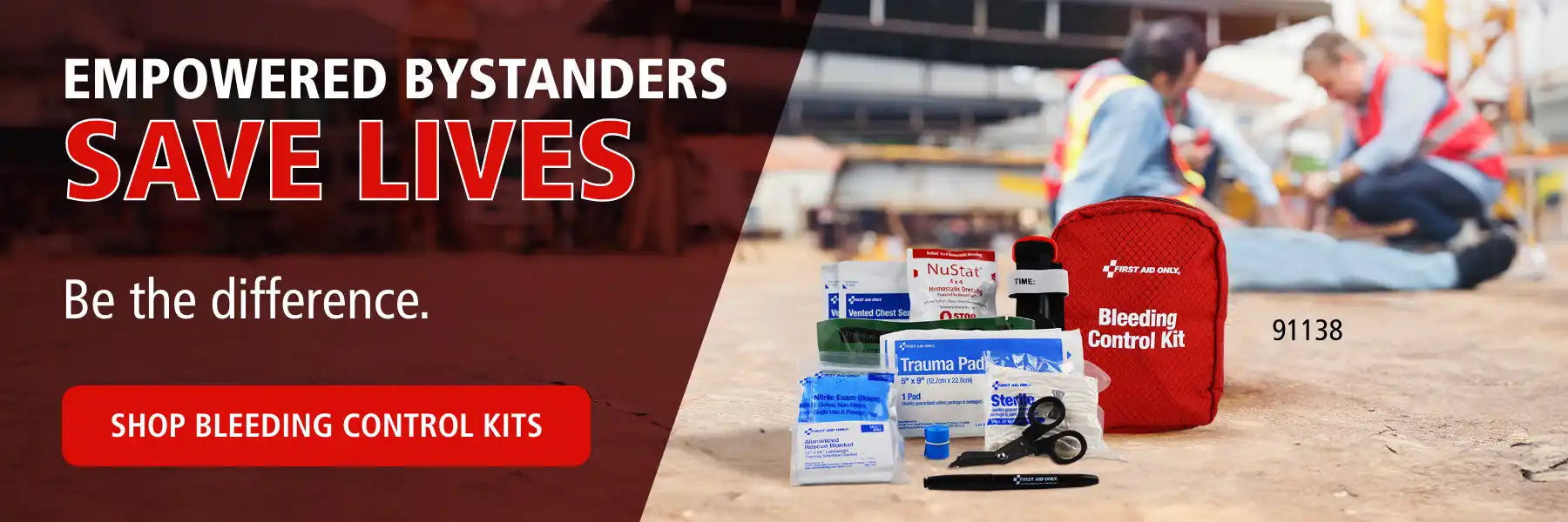 Red bleeding control kit bag with medical supplies.