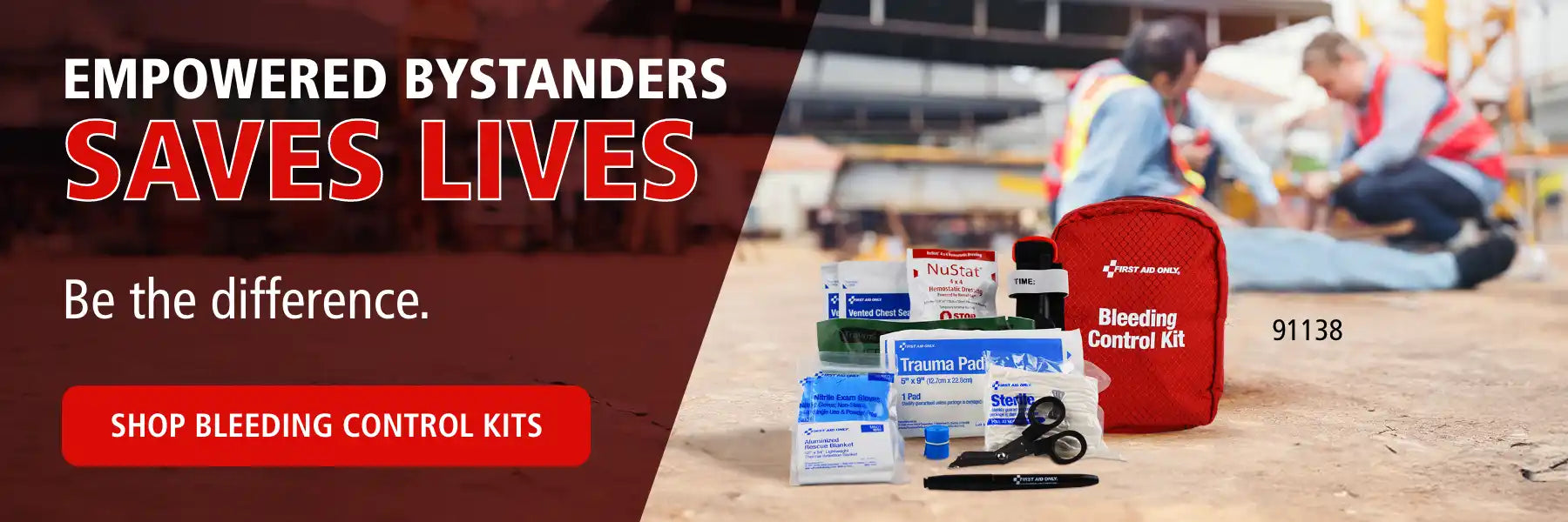 A red bleeding control kit with medical supplies.