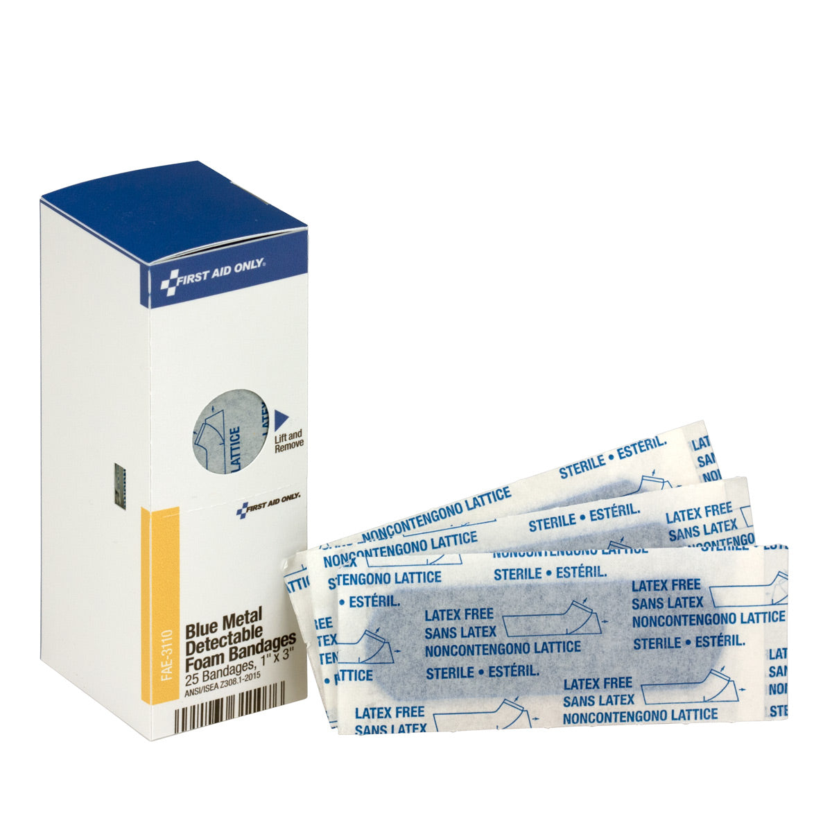 First Aid Only SmartCompliance Refill 1’’x3’’ Foam Blue Metal Detectable Bandages 25 Per Box