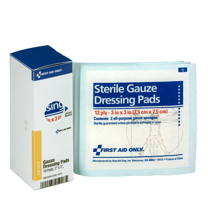 First Aid Only SmartCompliance Refill 3’’x 3’’ Sterile Gauze Pads 10 Per Box