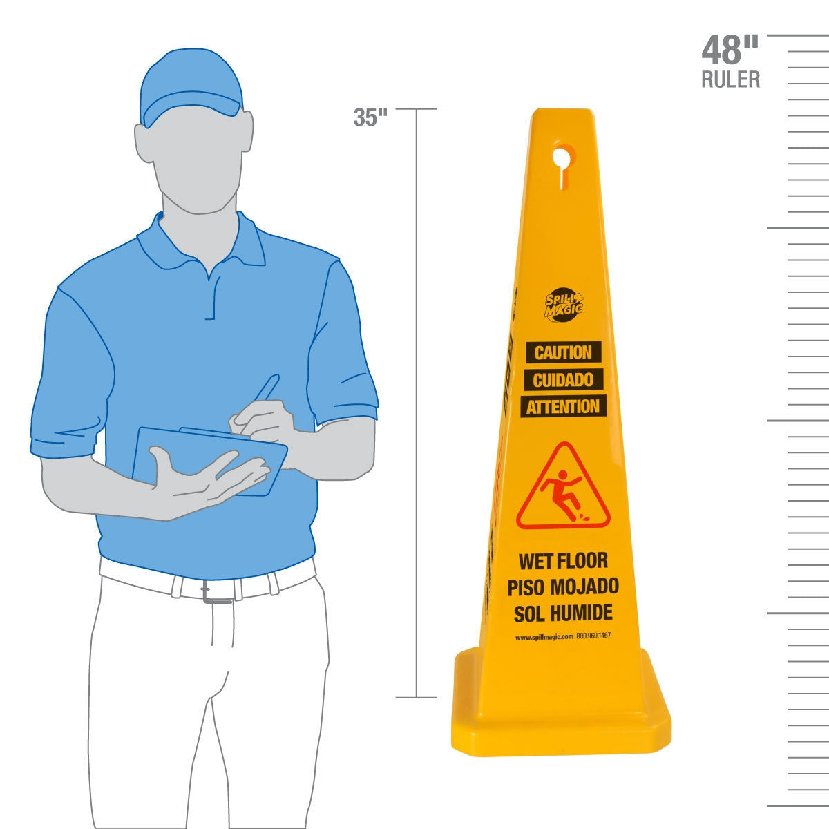 First Aid Only Spill Magic 35’’ 4-Sided Pylon Cone Yellow