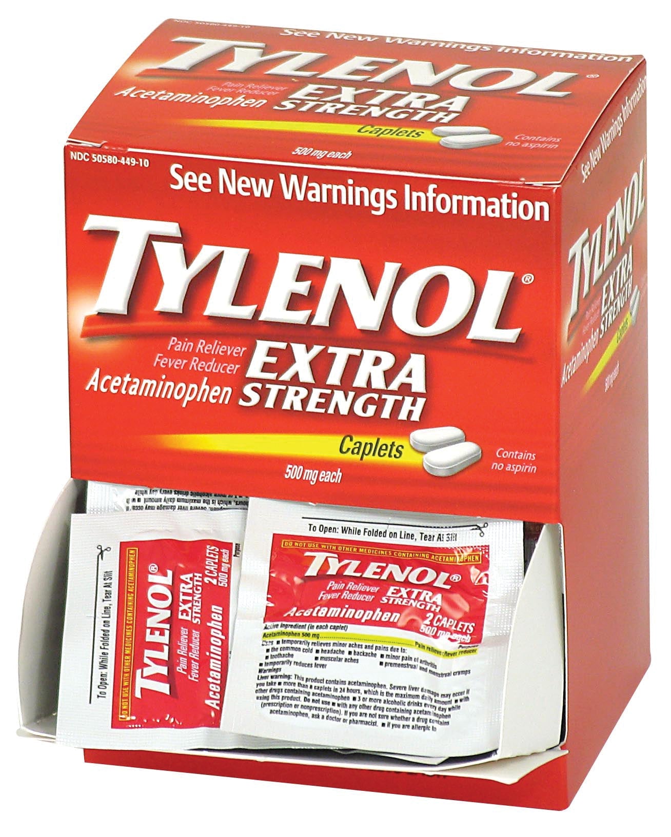 First Aid Only Tylenol Extra Strength Acetaminophen 50 Individually wrapped packets of medication containing two