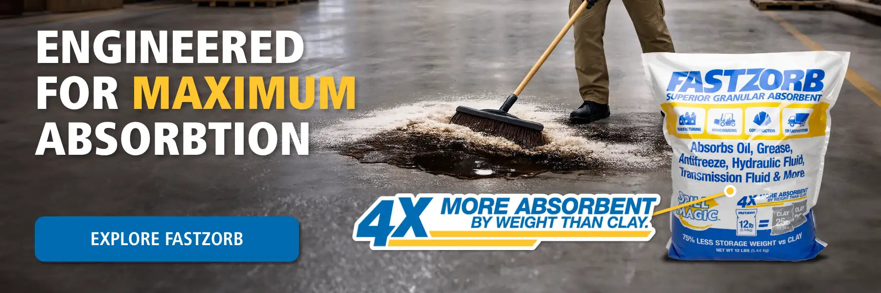 A white and blue bag of fastzorb superior granular absorbent, designed for maximum absorption of oil, grease, antifreeze, hydraulic fluid, and transmission fluid.